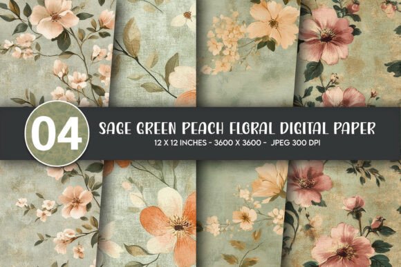 Download Sage Green Peach Floral Digital Paper - Floral Collection