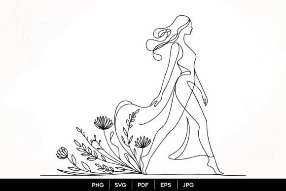Download Elegant Floral Woman Line Art SVG - Floral Collection