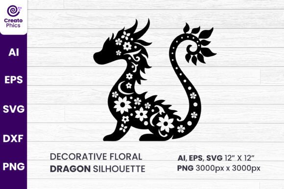 Download Decorative Floral Dragon Silhouette SVG - Floral Collection
